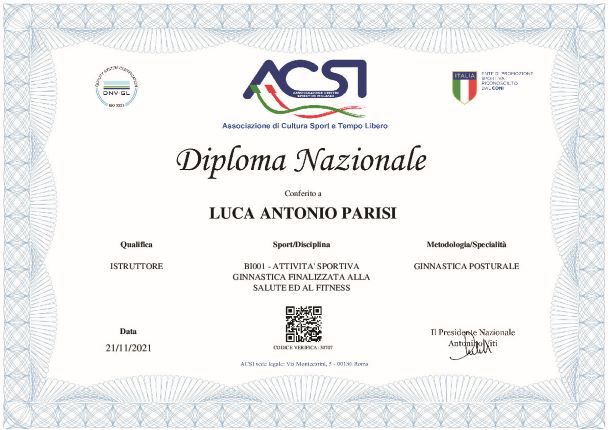 Luca Parisi - Personal Trainer Pisa - Diploma ACSI Ginnastica Posturale